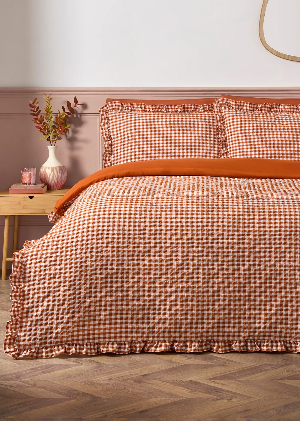 Orange Gingham Pattern Duvet Set - Single Image 1
