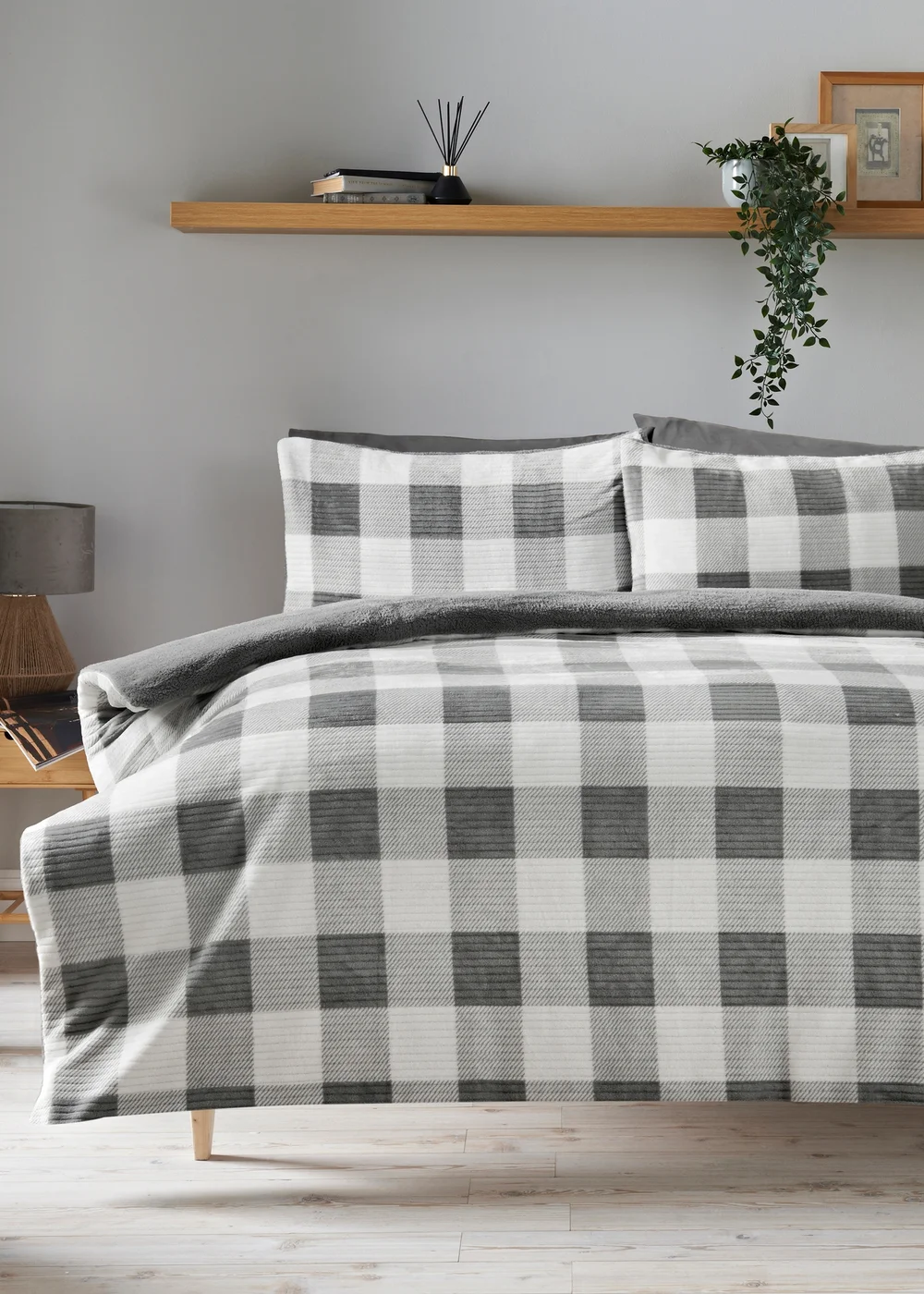 Grey Checked Fleece Duvet Set - Single Image 1