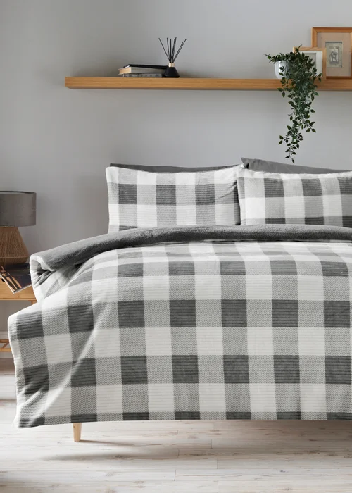 Grey Checked Fleece Duvet Set - Single Image 1