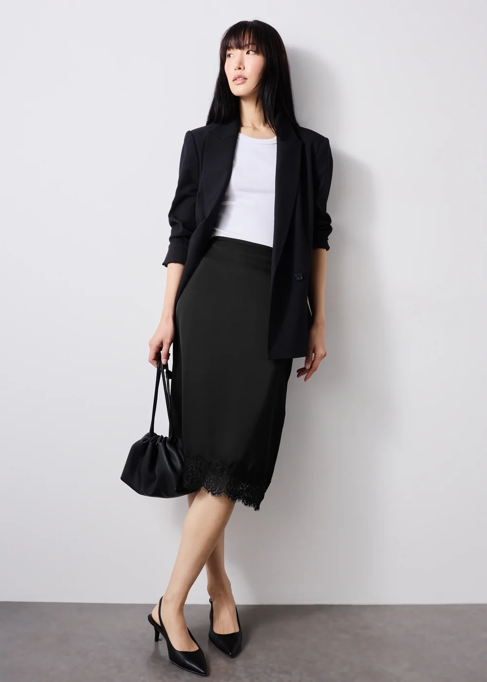 Black Satin Lace Trim Pencil Skirt - 8 Image 1