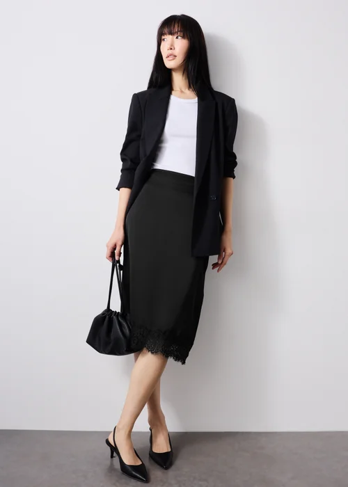Black Satin Lace Trim Pencil Skirt - 8 Image 1