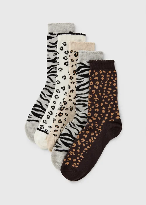 5 Pack Multicoloured Leopard Print Ankle Socks - One Size Image 1