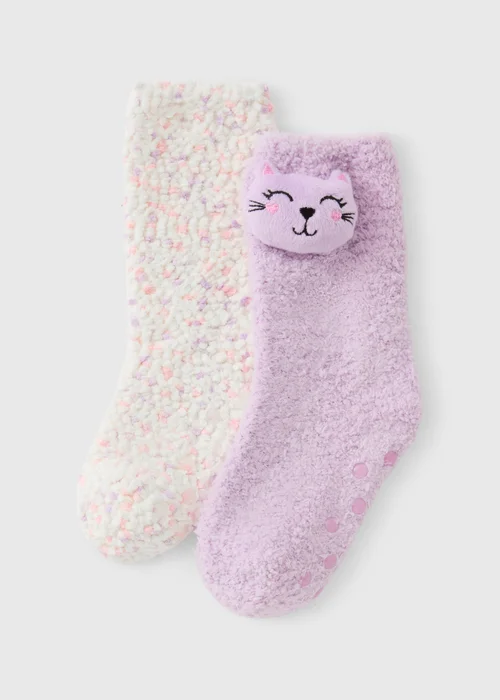 Girls Lilac Cat & Fleece Socks 2 Pack - 6-8.5 Image 1