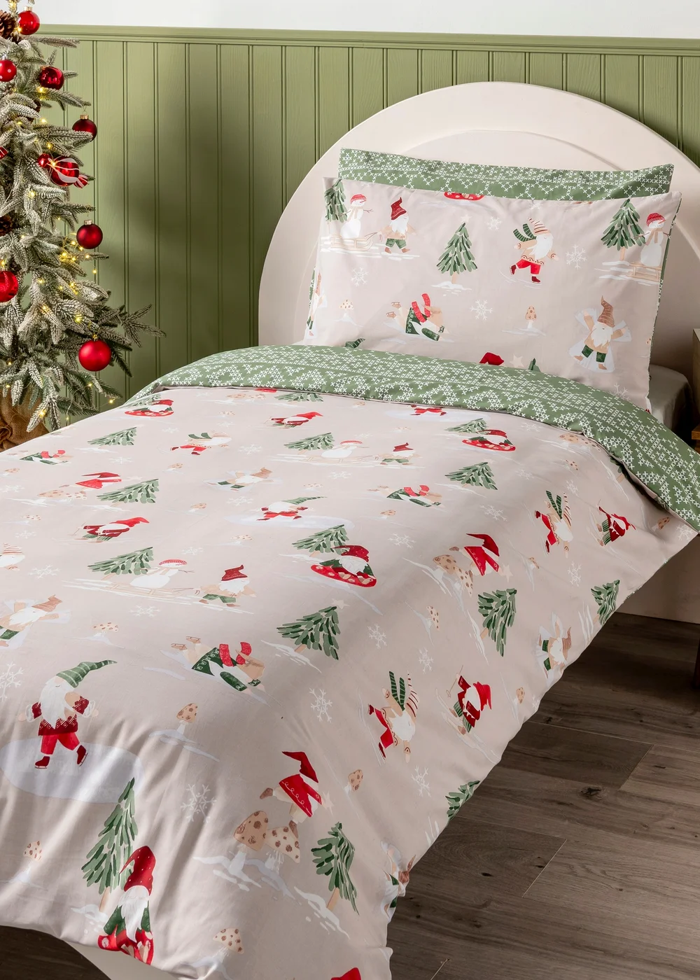 Cream/Blue Gnome Christmas Duvet Set - Single Image 1