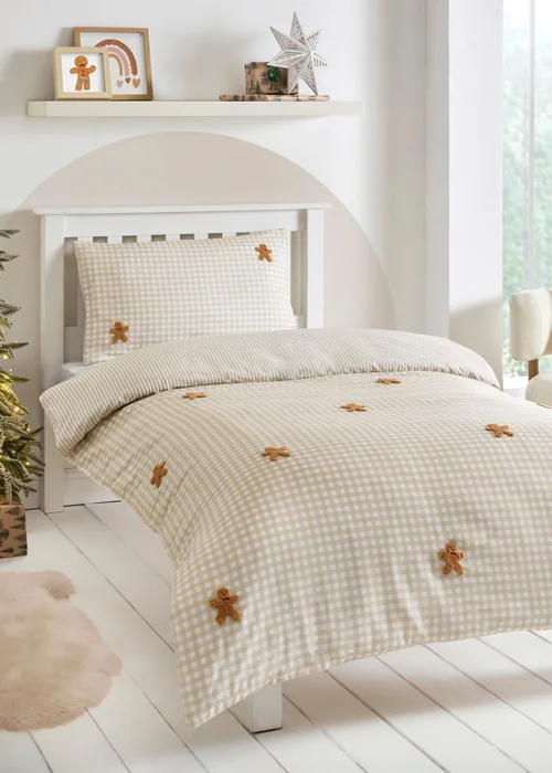 Beige Check Gingerbread Man Duvet Set - Single Image 1