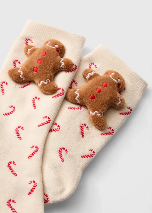 Girls Cream 3D Gingerbread Christmas Socks (Younger 6-Older 6.5) - 6-8.5 Image 2