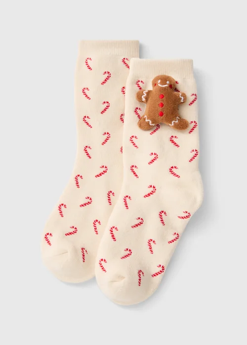 Girls Cream 3D Gingerbread Christmas Socks (Younger 6-Older 6.5) - 6-8.5 Image 1