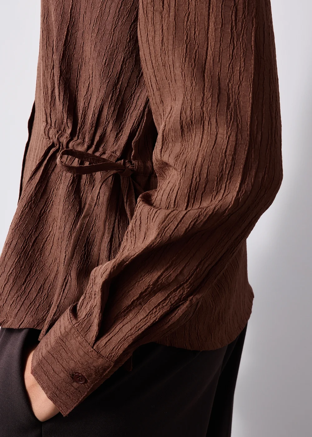Chocolate Brown Textured Cinched Waist Shirt - 8 Image 2
