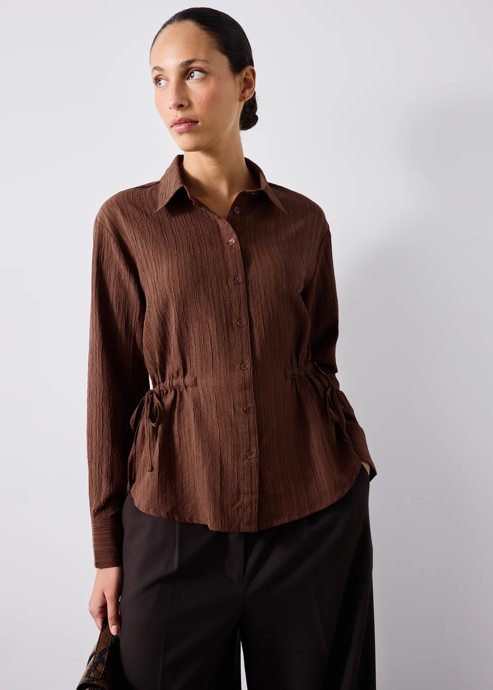 Chocolate Brown Textured Cinched Waist Shirt - 8 Image 1
