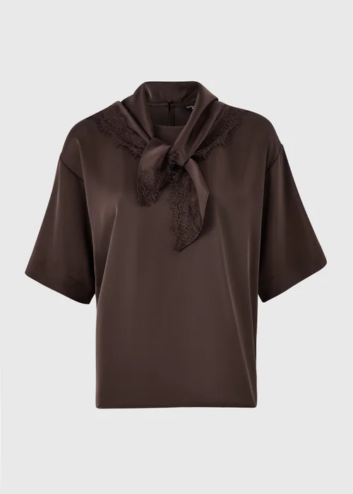 Chocolate Brown Satin Neck Detail T-Shirt - 8 Image 4