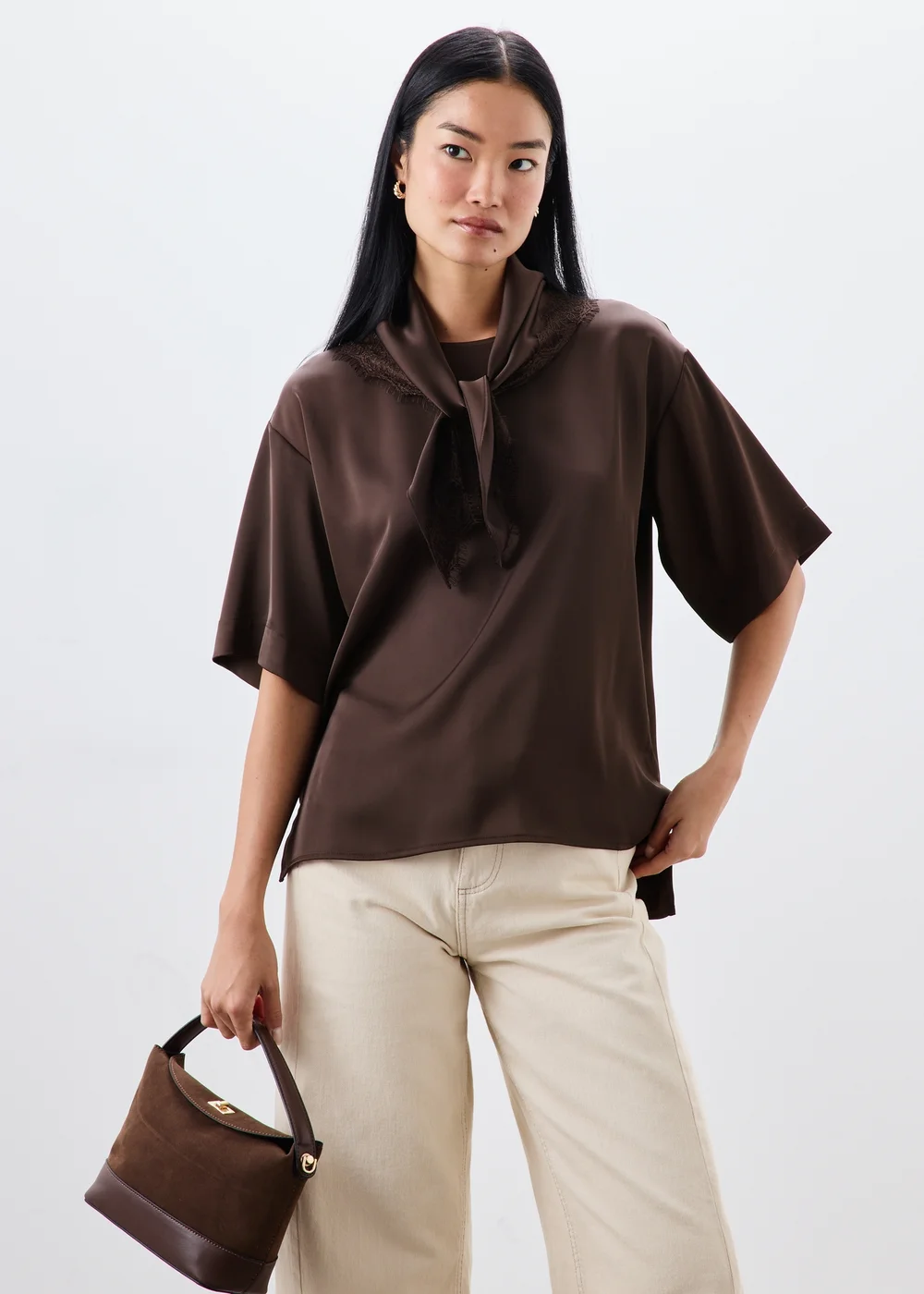 Chocolate Brown Satin Neck Detail T-Shirt - 8 Image 1