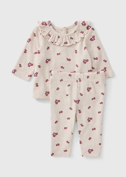 Girls Oatmeal Soft Touch Floral Top & Leggings Set (0-23mths) - Up to 1 Month Image 1