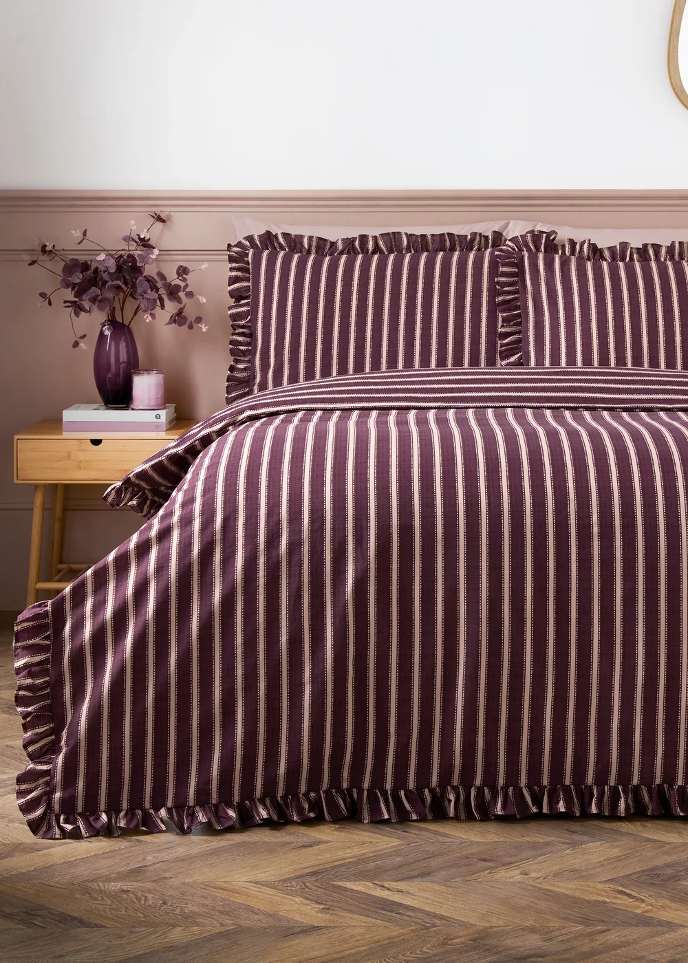 Burgundy & Pink Stripe Ruffle Duvet Set - Double Image 1