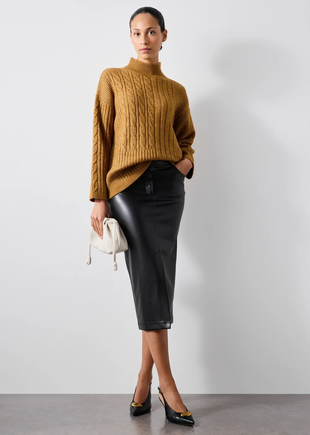 Black Faux Leather Midi Pencil Skirt - 8 Image 1