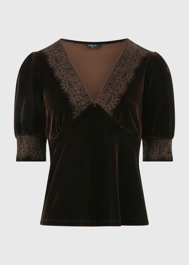 Brown Velvet Lace V-Neck Top