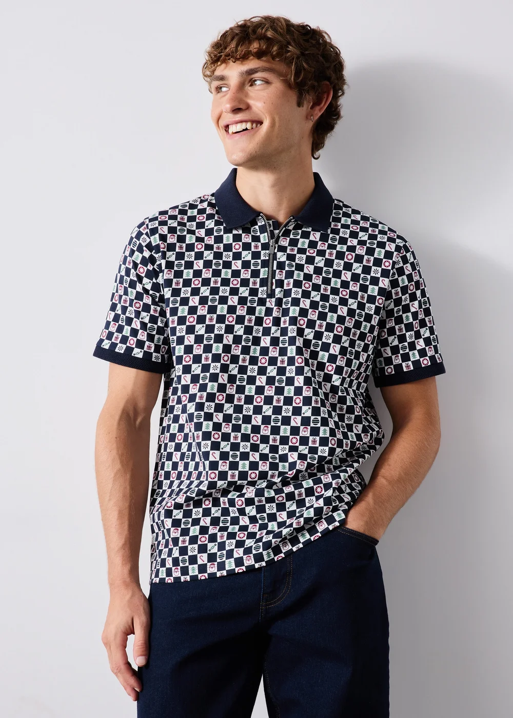 Navy Checkerboard Christmas Polo Shirt - S Image 1