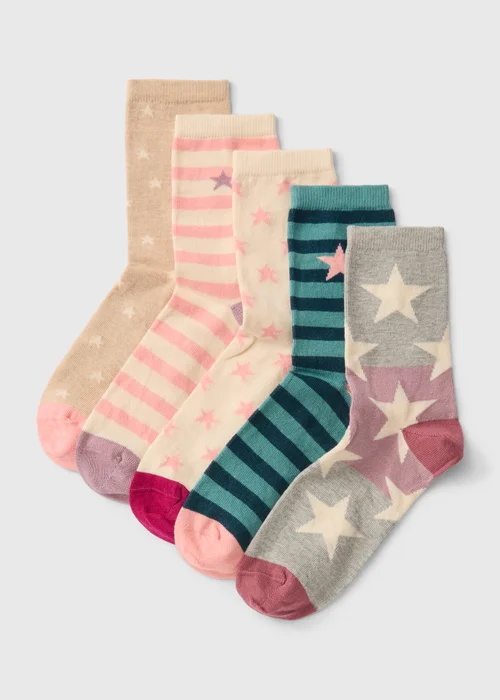 5 Pack Multicoloured Star Print Ankle Socks - One Size Image 1