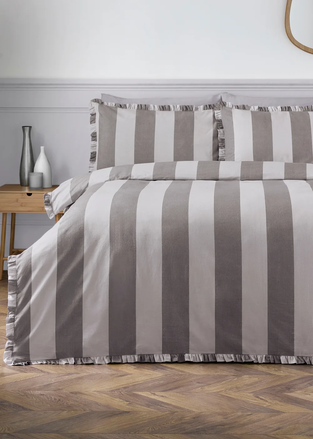 Grey Stripe Ruffle Duvet Set - Double Image 1