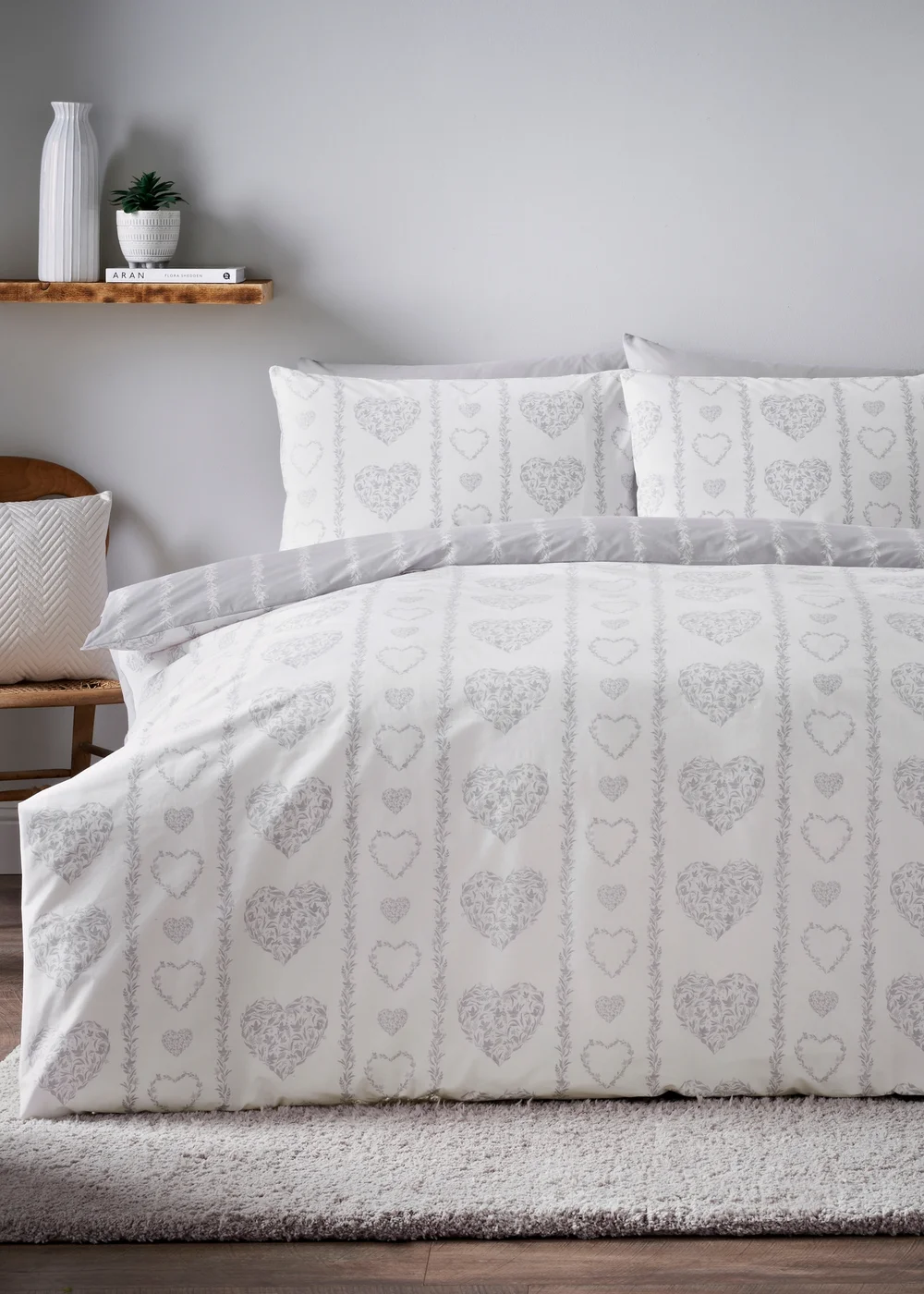 Grey Heart Striped Duvet Set - Single Image 1