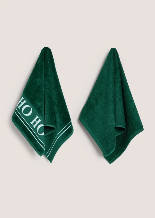 2 Pack Green 'Ho Ho Ho' Slogan Towels - Hand Towel Image 1