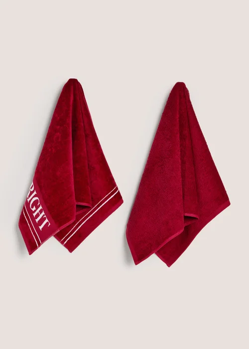 2 Pack Red 'Cosy & Bright' Slogan Towels - Hand Towel Image 1