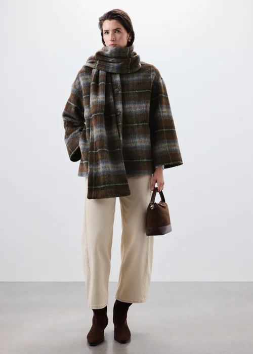 Brown Checked Scarf Coat - S Image 3