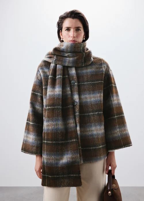 Brown Checked Scarf Coat - S Image 1