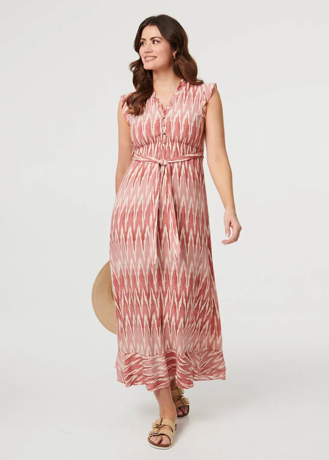 Izabel London Pink Abstract Cap Sleeve Frill Maxi Dress