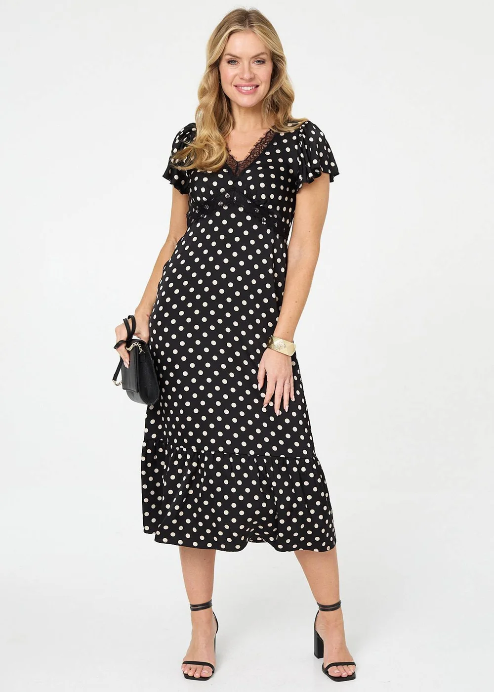 Izabel London Multi Black Polka Dot Lace Trim Empire Midi Dress - 16 Image 3