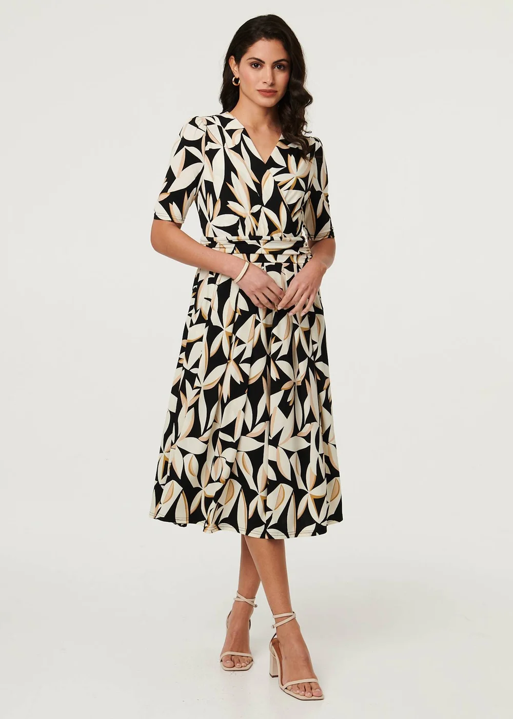 Izabel London Multi Black Leaf Print 1/2 Sleeve Wrap Midi Dress - 8 Image 4