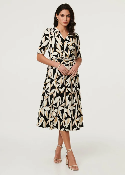Izabel London Multi Black Leaf Print 1/2 Sleeve Wrap Midi Dress - 8 Image 4