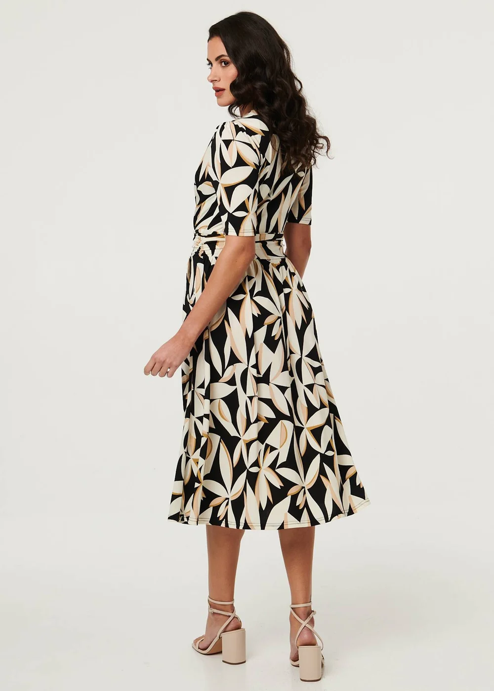 Izabel London Multi Black Leaf Print 1/2 Sleeve Wrap Midi Dress - 8 Image 2