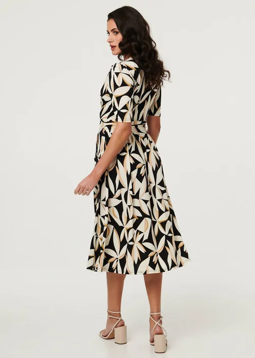 Izabel London Multi Black Leaf Print 1/2 Sleeve Wrap Midi Dress - 8 Image 2