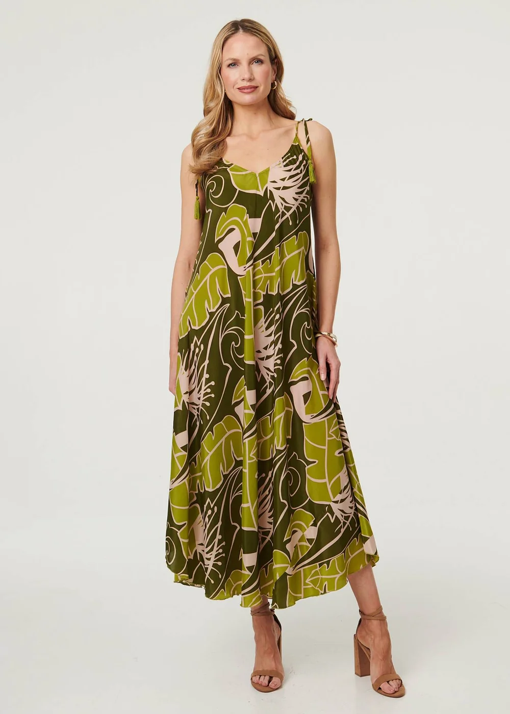 Izabel London Green Leaf Print Tassel Cami Strap Maxi Dress - 12 Image 4