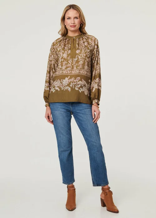 Izabel London Green Floral Long Sleeve High Neck Blouse - 8 Image 4