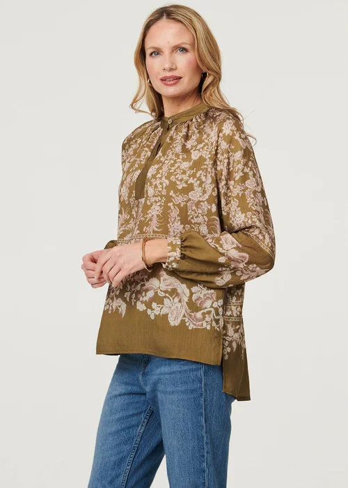 Izabel London Green Floral Long Sleeve High Neck Blouse - 8 Image 1