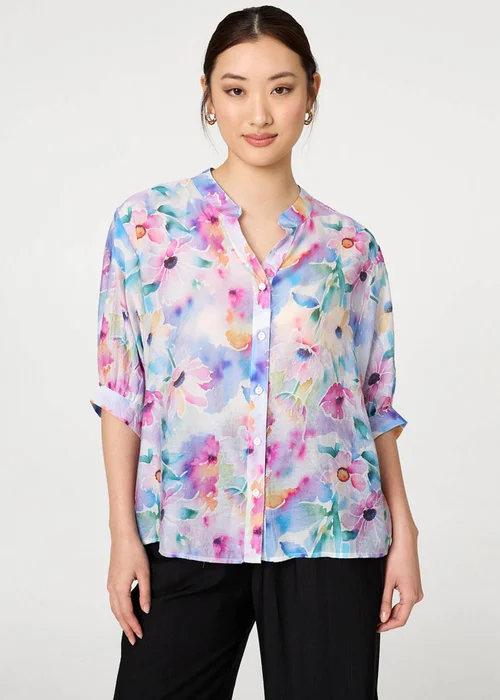 Izabel London Blue Floral 3/4 Sleeve Curved Hem Blouse - 14 Image 1
