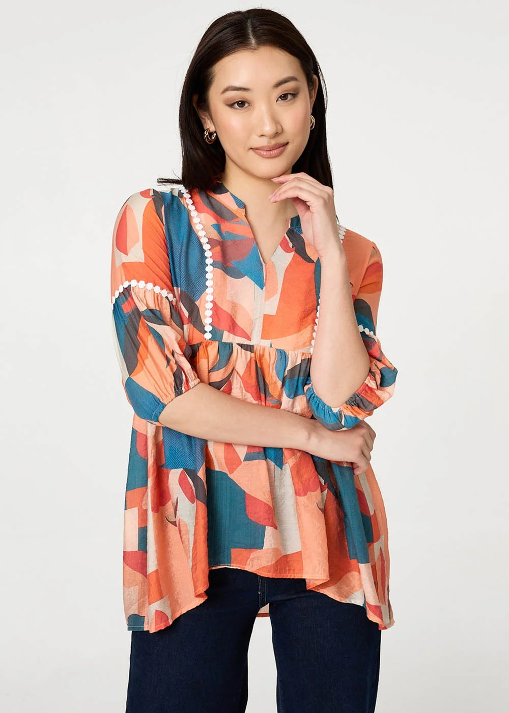 Izabel London Orange Abstract Lace Trim Relaxed Blouse - 16 Image 1