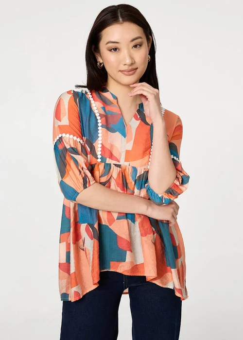 Izabel London Orange Abstract Lace Trim Relaxed Blouse - 16 Image 1