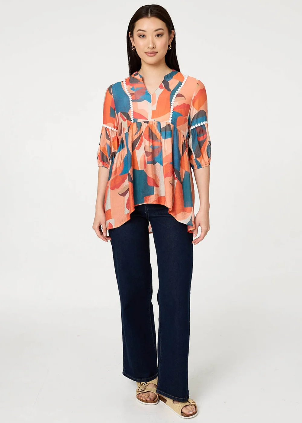 Izabel London Orange Abstract Lace Trim Relaxed Blouse - 16 Image 4