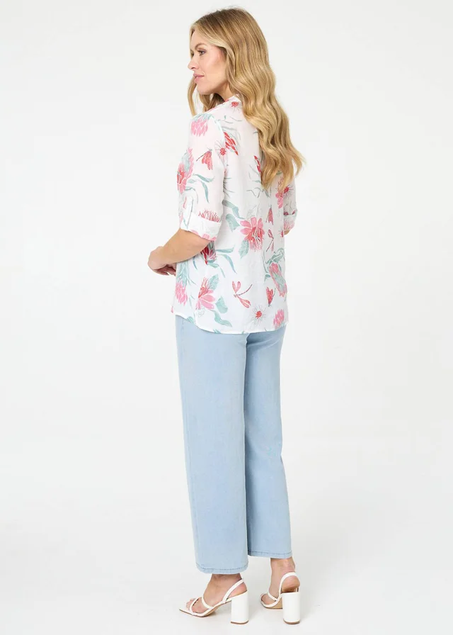Izabel London Multi White Lace Trim 3/4 Sleeve Relaxed Blouse