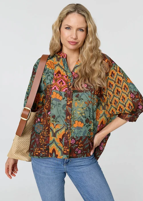 Izabel London Multi Sage Patchwork 3/4 Sleeve Curve Hem Blouse - 14 Image 1