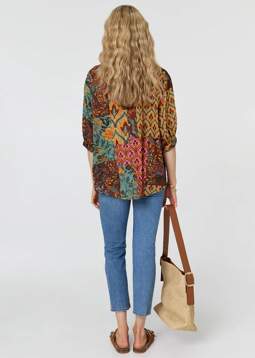 Izabel London Multi Sage Patchwork 3/4 Sleeve Curve Hem Blouse - 14 Image 2