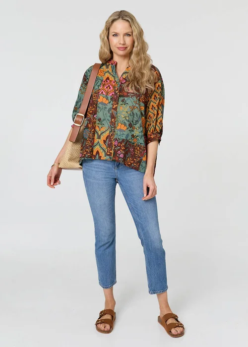 Izabel London Multi Sage Patchwork 3/4 Sleeve Curve Hem Blouse - 14 Image 4