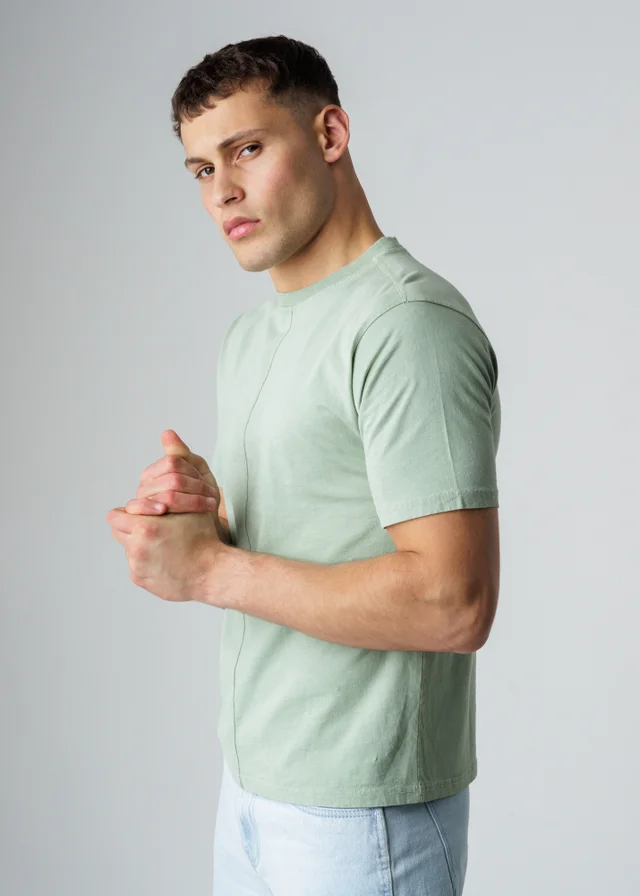 Influence Green Cotton Crew Neck Acid Wash Seam Short Sleeve T-Shirt