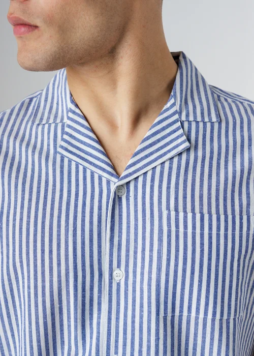 Influence Navy Cotton Striped Chest Pocket Short Sleeve Button Shirt - M Image 3