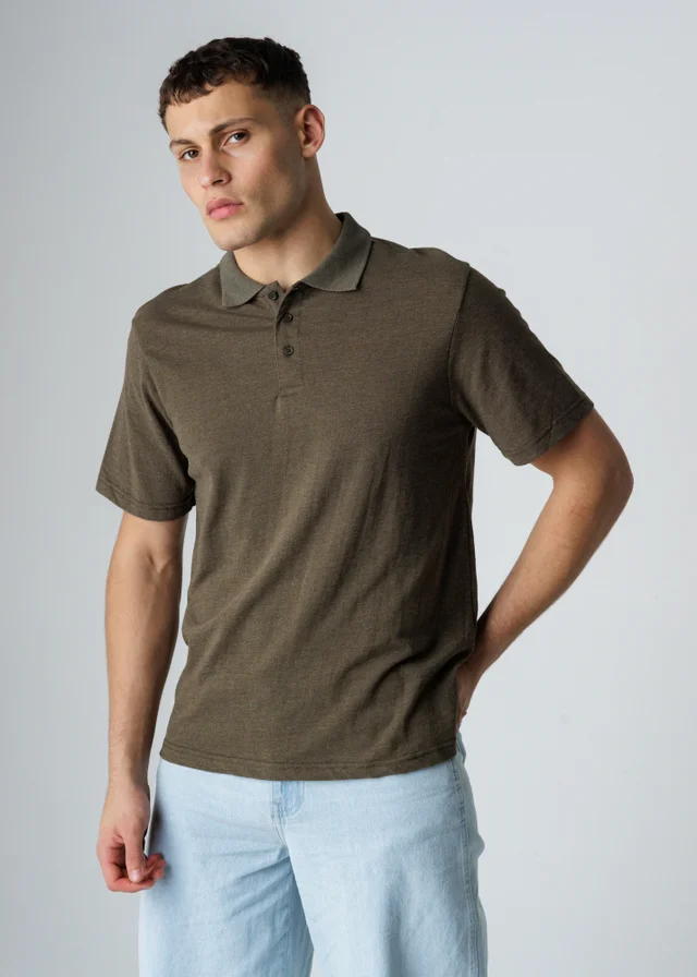 Influence Khaki Cotton Light Knit Short Sleeve Button Polo Shirt
