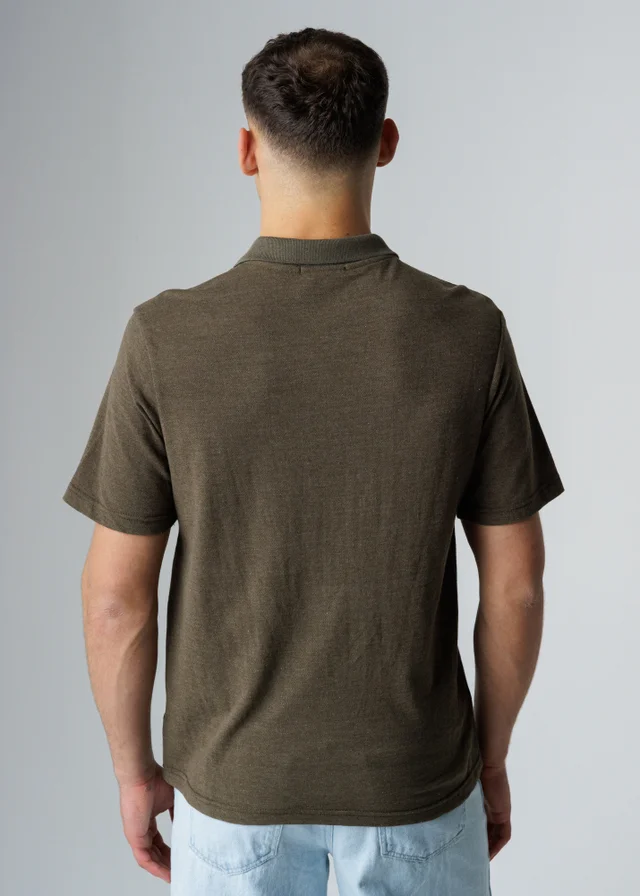 Influence Khaki Cotton Light Knit Short Sleeve Button Polo Shirt