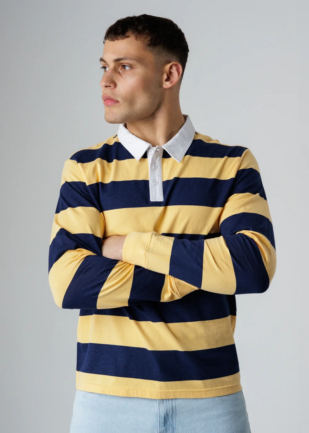 Influence Navy Cotton Rugby-Style Striped Long Sleeve Button Polo Shirt - M Image 1