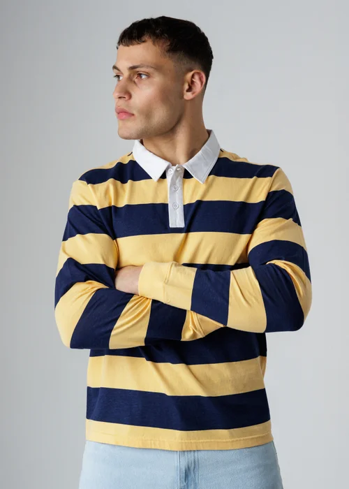 Influence Navy Cotton Rugby-Style Striped Long Sleeve Button Polo Shirt - M Image 1